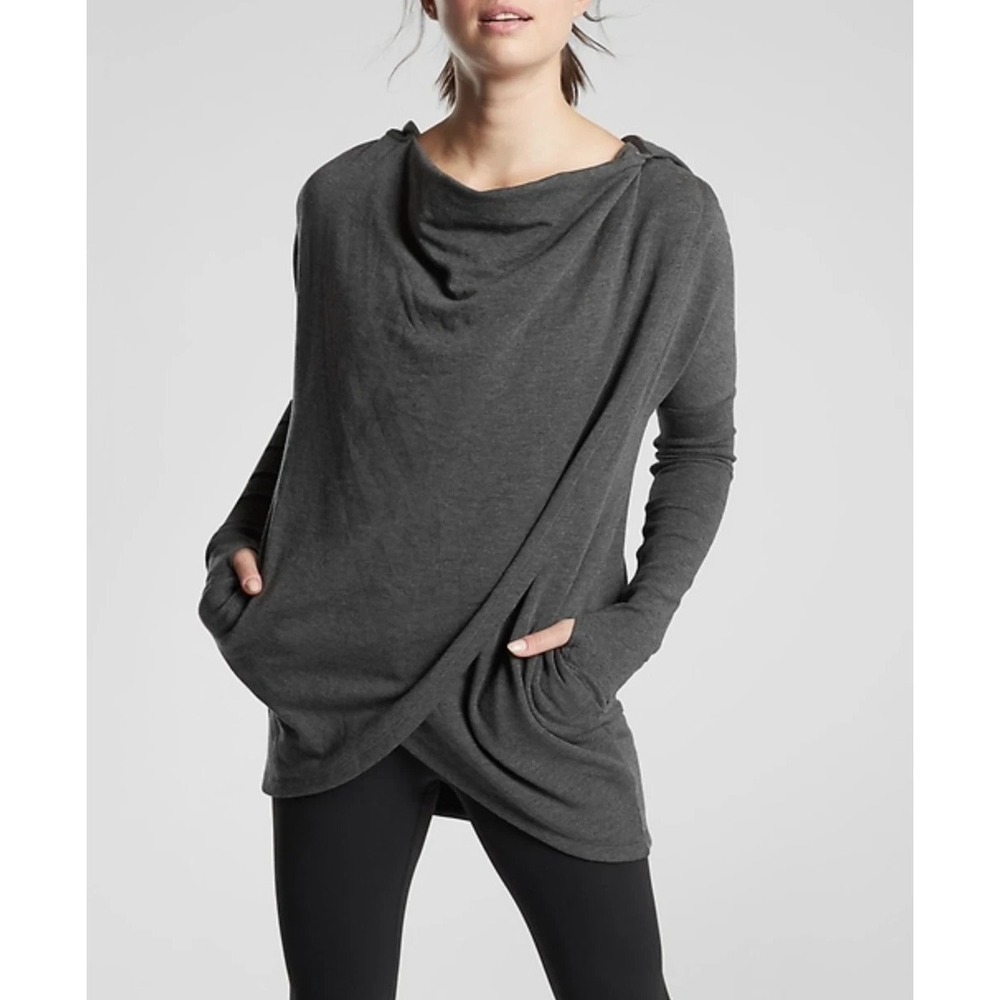 Athleta Women's Dark Gray Purana Wrap Sweater Slouchy Sz L 486073 Hooded Hoodie